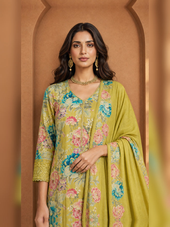 Mehendi Green Floral Printed Kurta Pant Set with Dupatta