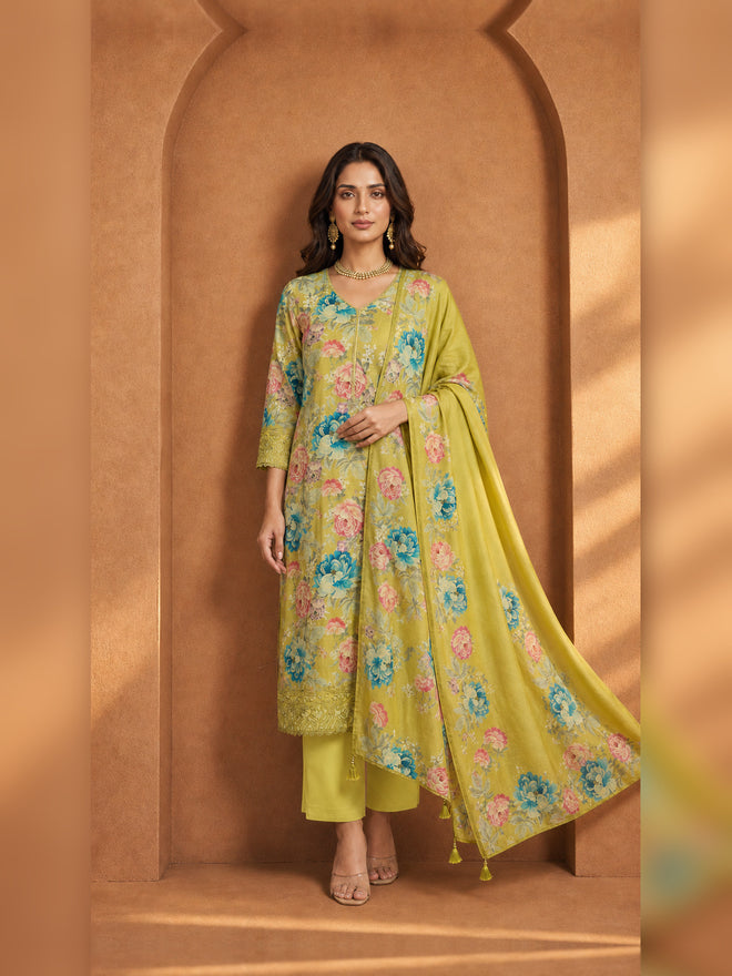 Mehendi Green Floral Printed Kurta Pant Set with Dupatta