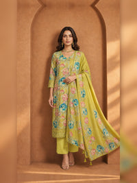Mehendi Green Floral Printed Kurta Pant Set with Dupatta