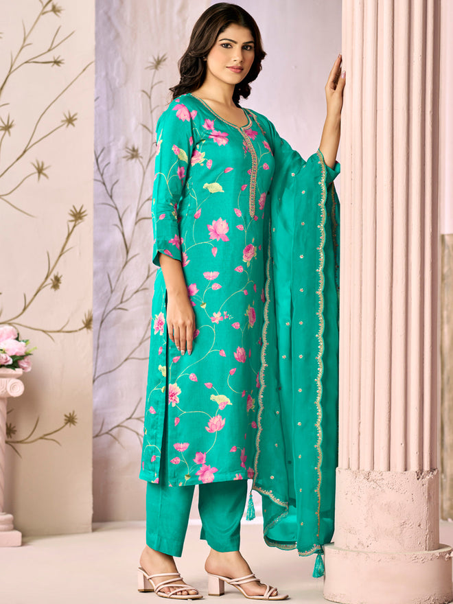 Green Printed Flower With Handwork Straight Kurta With Dyed Trousers And Embroidered Dupatta