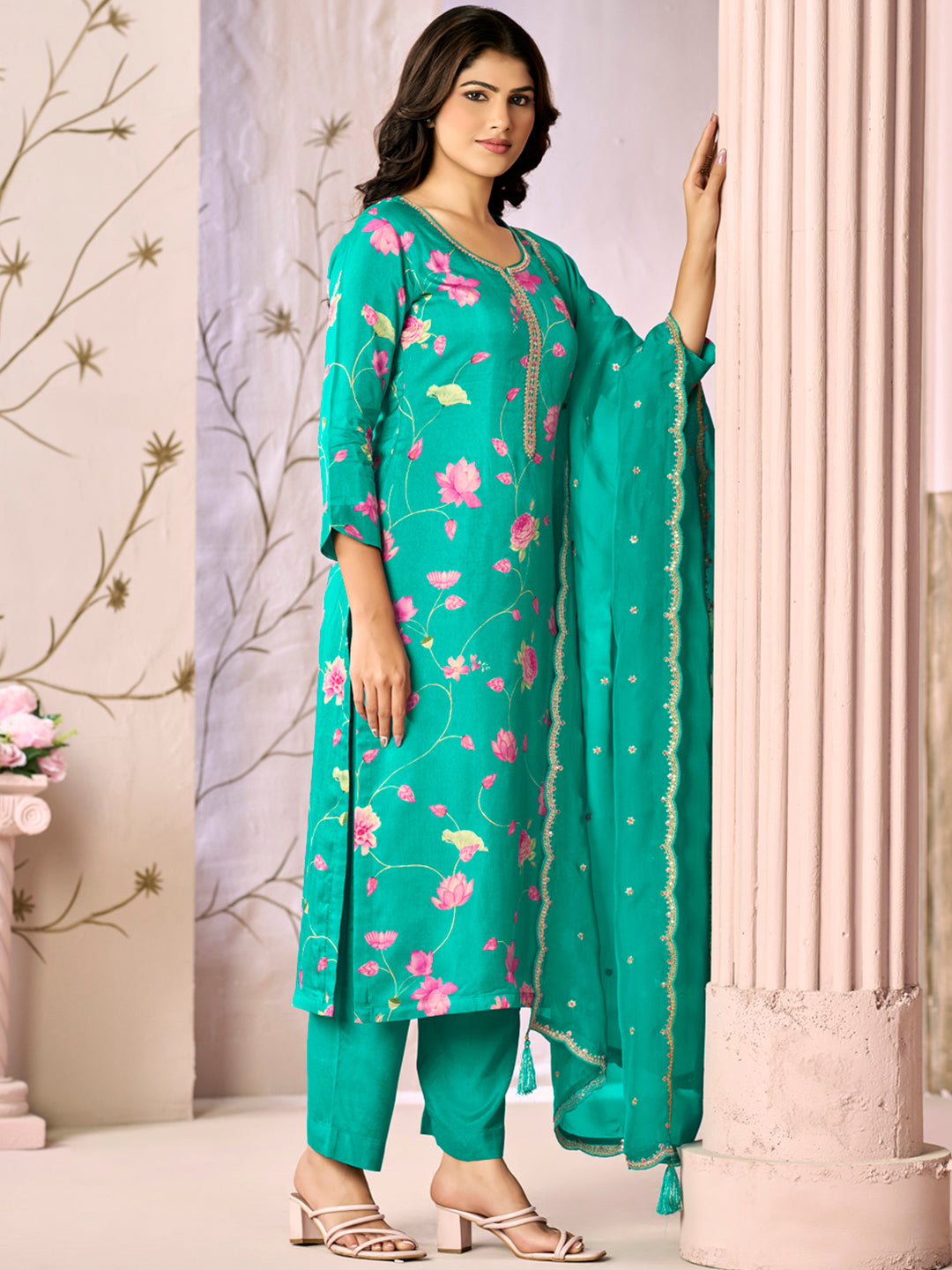 Green Printed With Handwork Straight Kurta With Dyed Trousers And Embroidered Dupatta