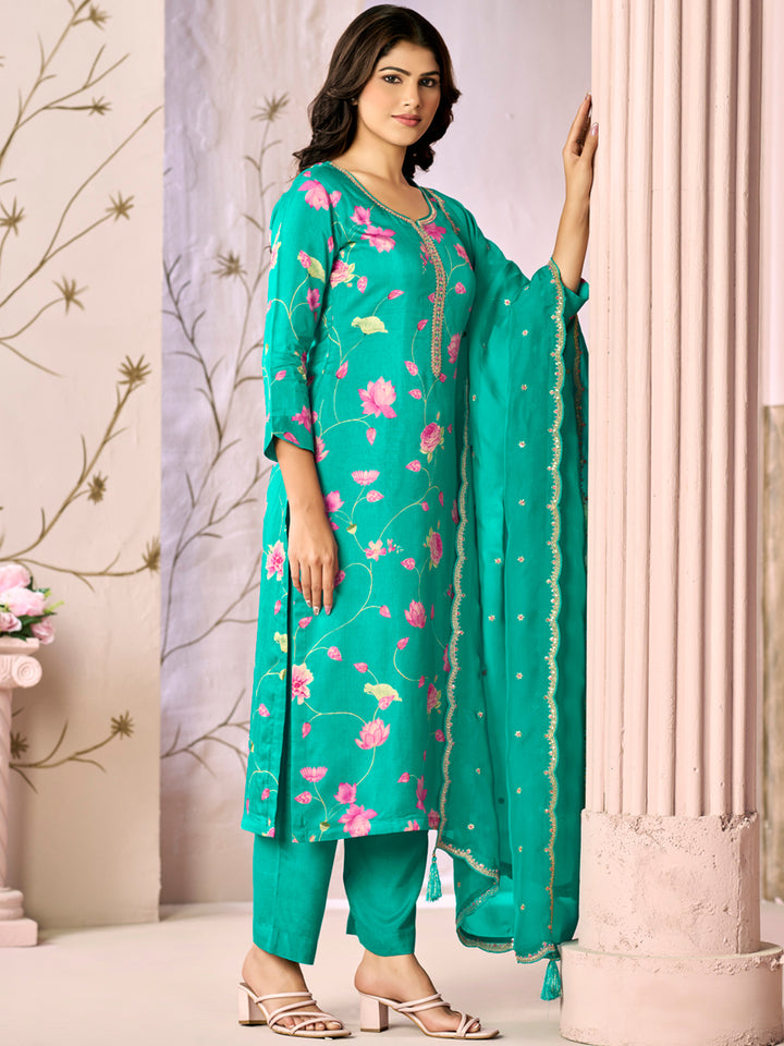 Green Printed With Handwork Straight Kurta With Dyed Trousers And Embroidered Dupatta