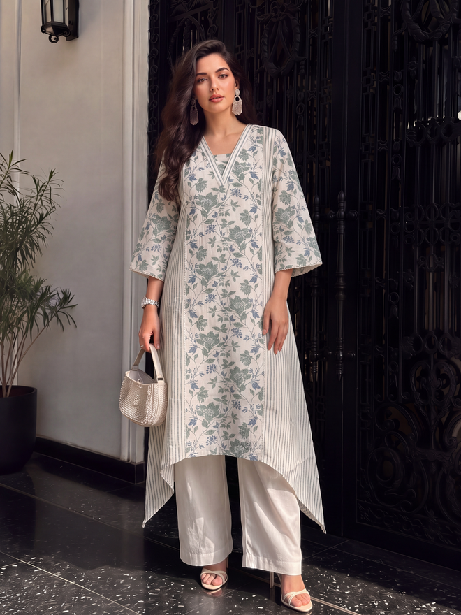 Women's Cream Linen Embellished Kurta with Trouser Set