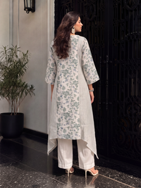 Women's Cream Linen Embellished Kurta with Trouser Set