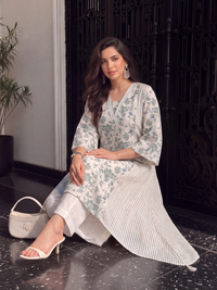 Women's Cream Linen Embellished Kurta with Trouser Set