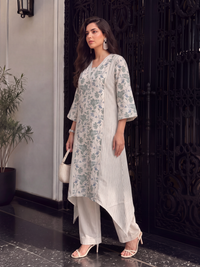 Women's Cream Linen Embellished Kurta with Trouser Set