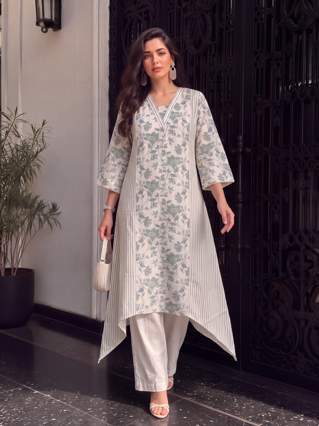 Women's Cream Linen Kurta with Trouser Set