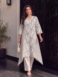 Women's Cream Linen Embellished Kurta with Trouser Set
