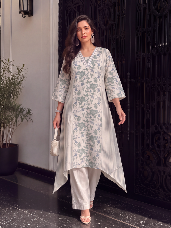 Women's Cream Linen Kurta with Trouser Set