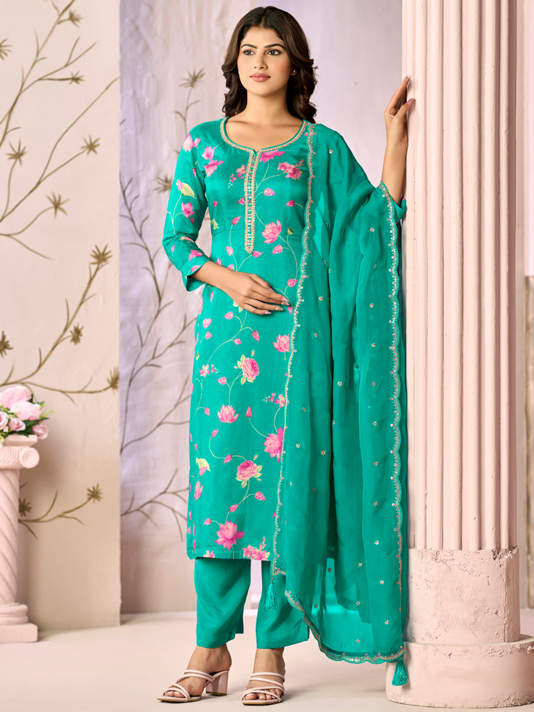 Green Printed With Handwork Straight Kurta With Dyed Trousers And Embroidered Dupatta