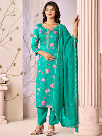 Green Printed Flower With Handwork Straight Kurta With Dyed Trousers And Embroidered Dupatta