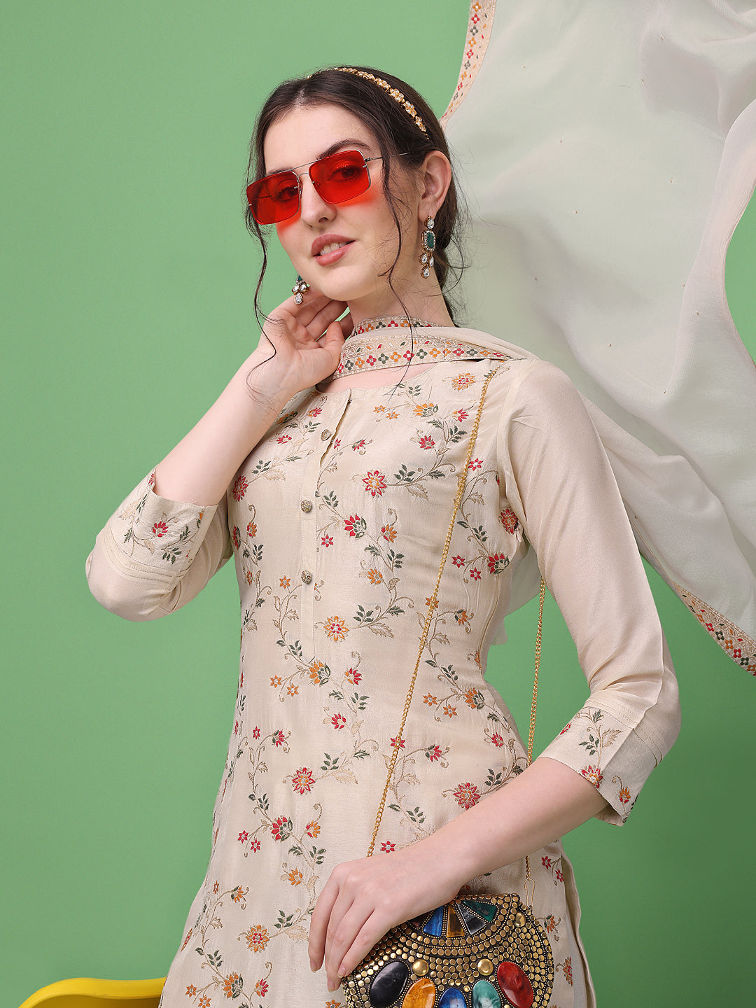 Cream Meena Jacquard Kurta Suit Set Product vendor