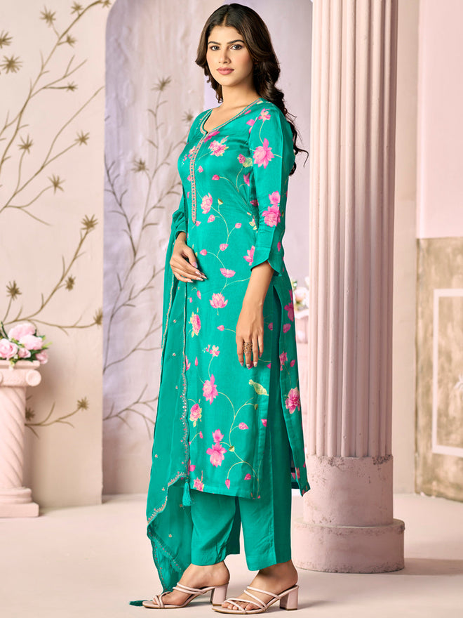 Green Printed Flower With Handwork Straight Kurta With Dyed Trousers And Embroidered Dupatta