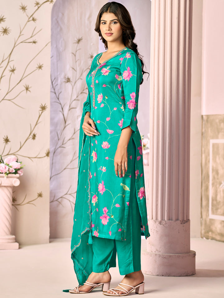 Green Printed With Handwork Straight Kurta With Dyed Trousers And Embroidered Dupatta