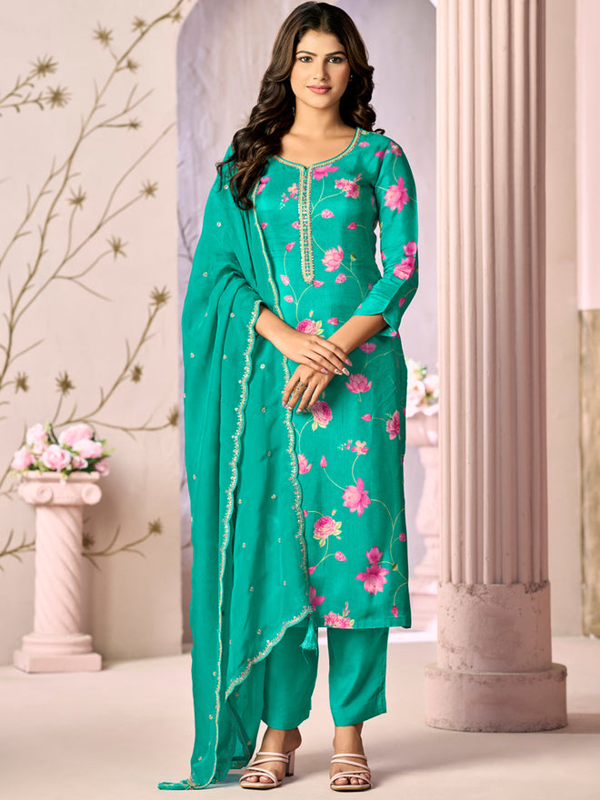 Green Printed Flower With Handwork Straight Kurta With Dyed Trousers And Embroidered Dupatta