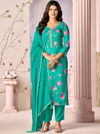 Green Printed Flower With Handwork Straight Kurta With Dyed Trousers And Embroidered Dupatta