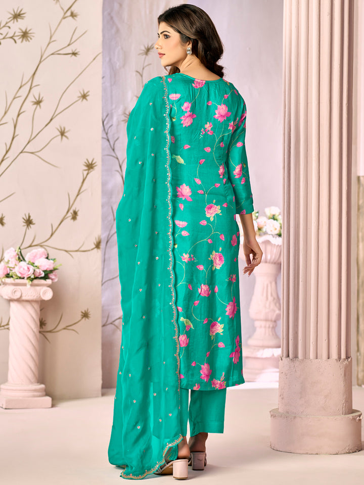Green Printed With Handwork Straight Kurta With Dyed Trousers And Embroidered Dupatta