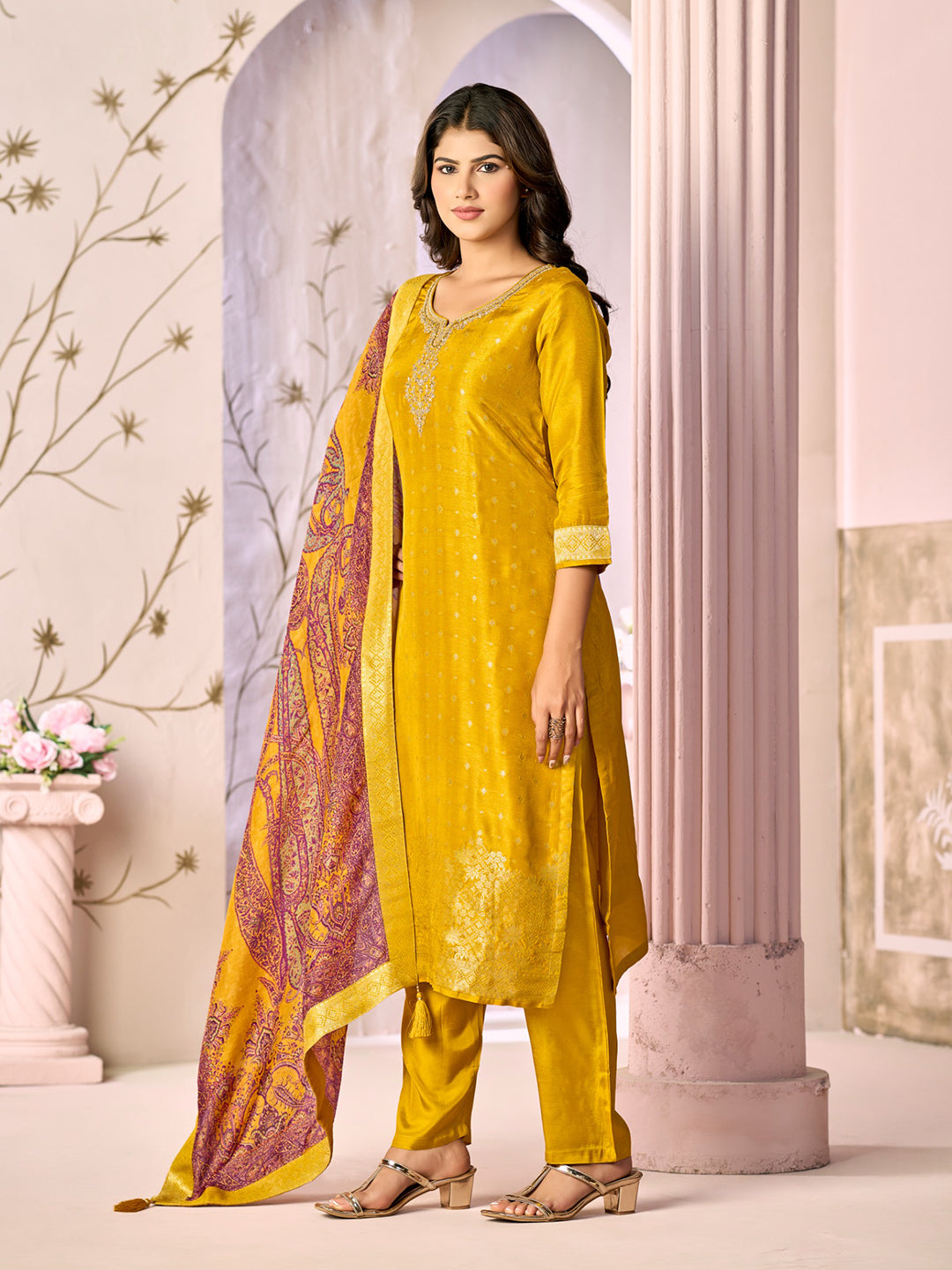 Mustard Jacquard With Embroidery Kurta With Dyed Trousers And Printed Dupatta