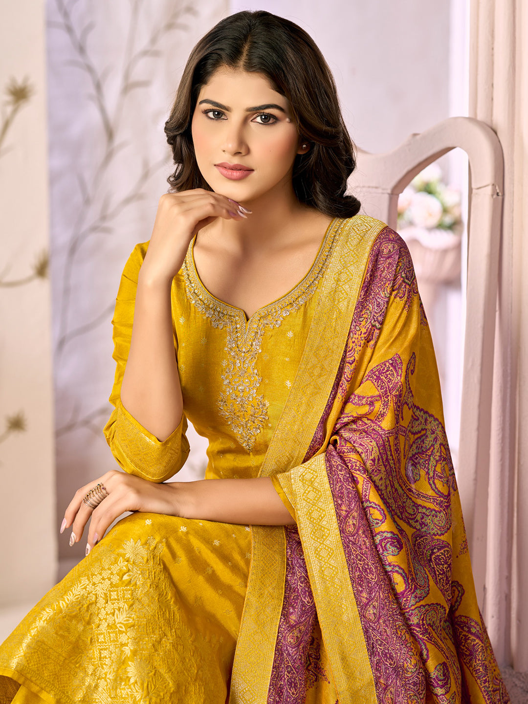 Mustard Jacquard With Embroidery Kurta With Dyed Trousers And Printed Dupatta