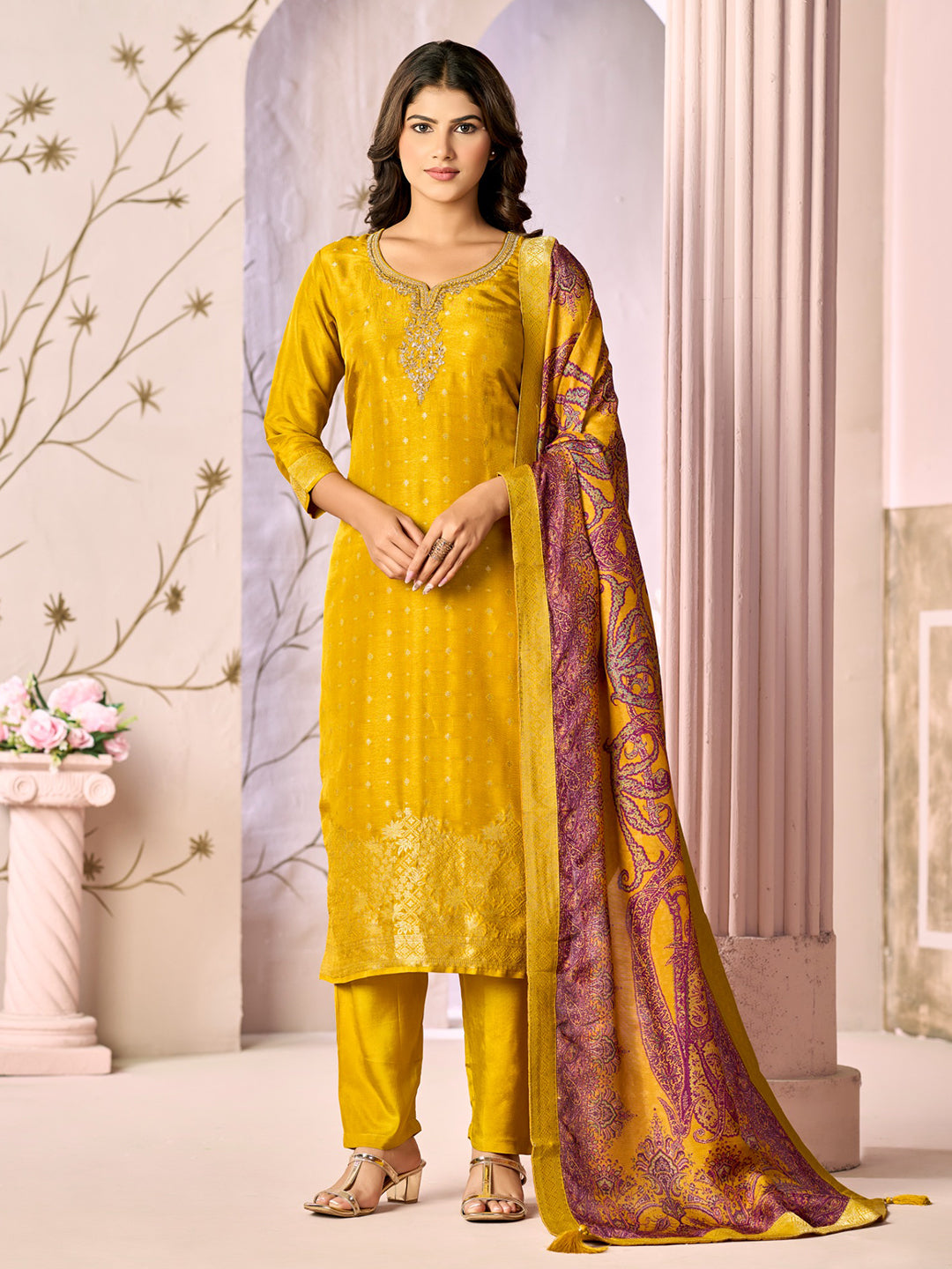 Mustard Jacquard With Embroidery Kurta With Dyed Trousers And Printed Dupatta