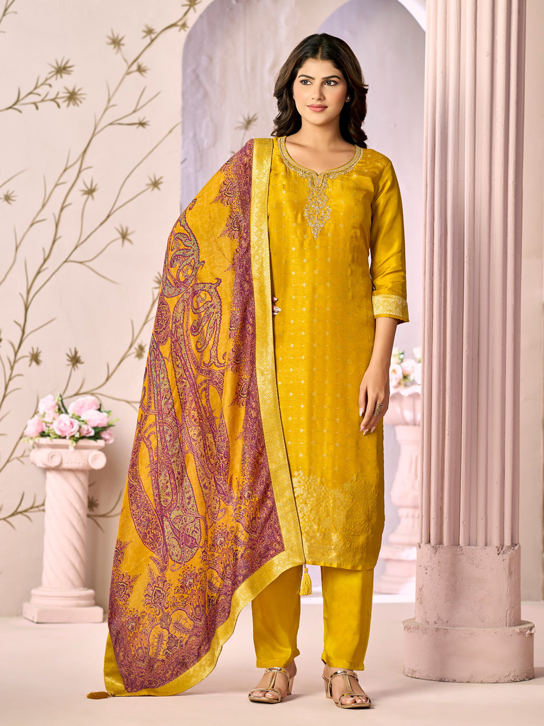 Mustard Jacquard With Embroidery Kurta With Dyed Trousers And Printed Dupatta