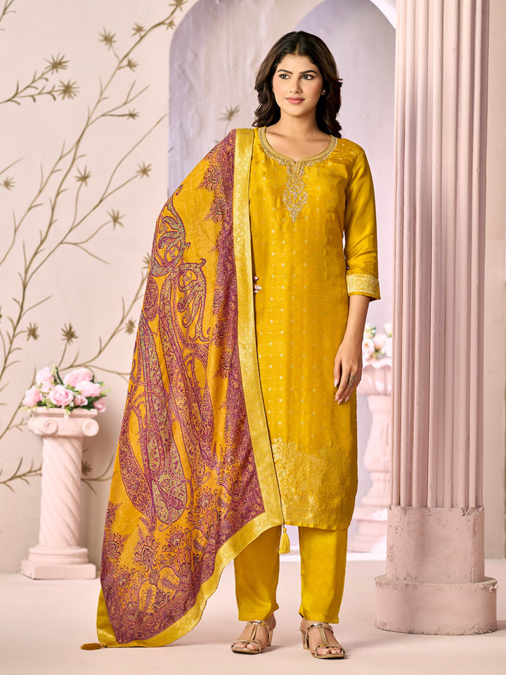 Mustard Jacquard With Embroidery Kurta With Dyed Trousers And Printed Dupatta