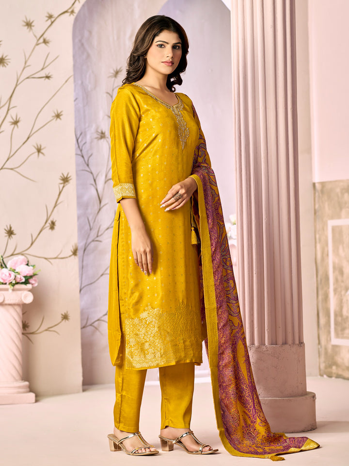 Mustard Jacquard With Embroidery Kurta With Dyed Trousers And Printed Dupatta