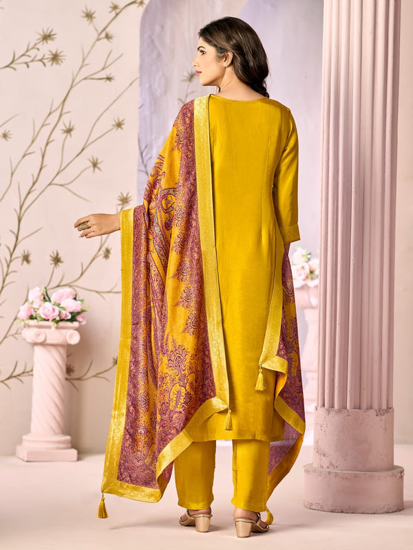 Mustard Jacquard With Embroidery Kurta With Dyed Trousers And Printed Dupatta