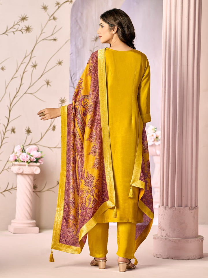 Mustard Jacquard With Embroidery Kurta With Dyed Trousers And Printed Dupatta
