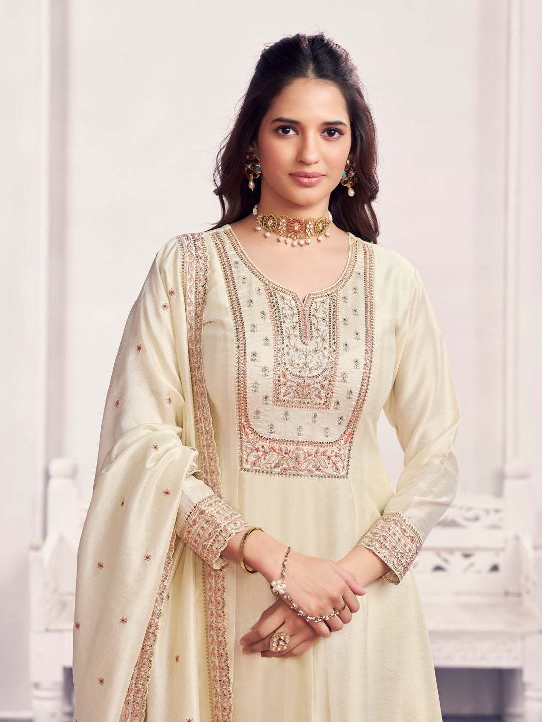 Off-White Embroidery A-Line Kurta With Dyed Trousers And Embroidery Dupatta