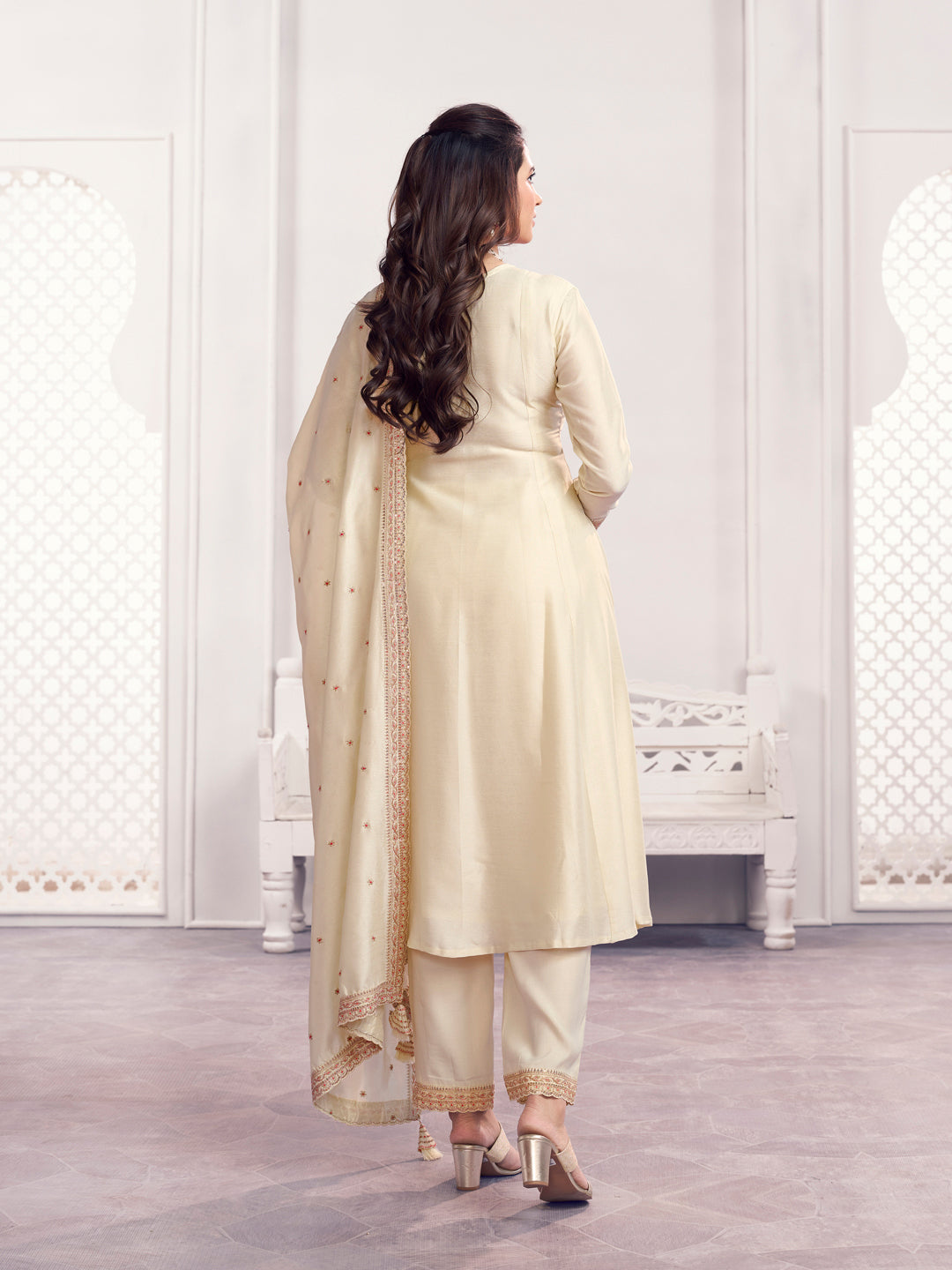 Off-White Embroidery A-Line Kurta With Dyed Trousers And Embroidery Dupatta
