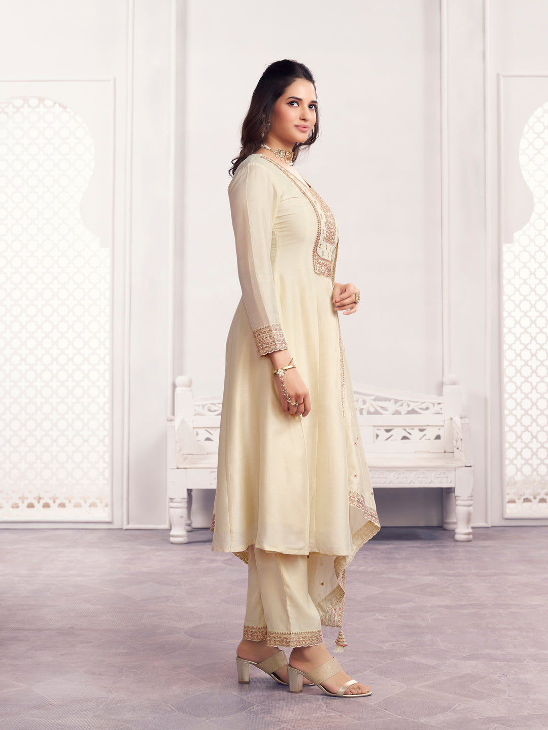 Off-White Embroidery A-Line Kurta With Dyed Trousers And Embroidery Dupatta