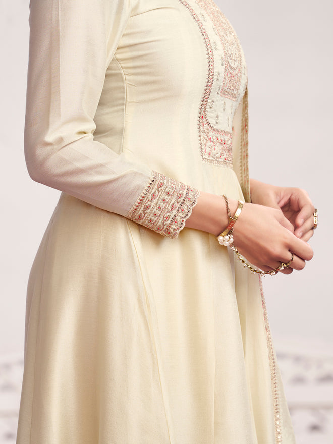 Off-White Embroidery A-Line Kurta With Dyed Trousers And Embroidery With Mina Dupatta