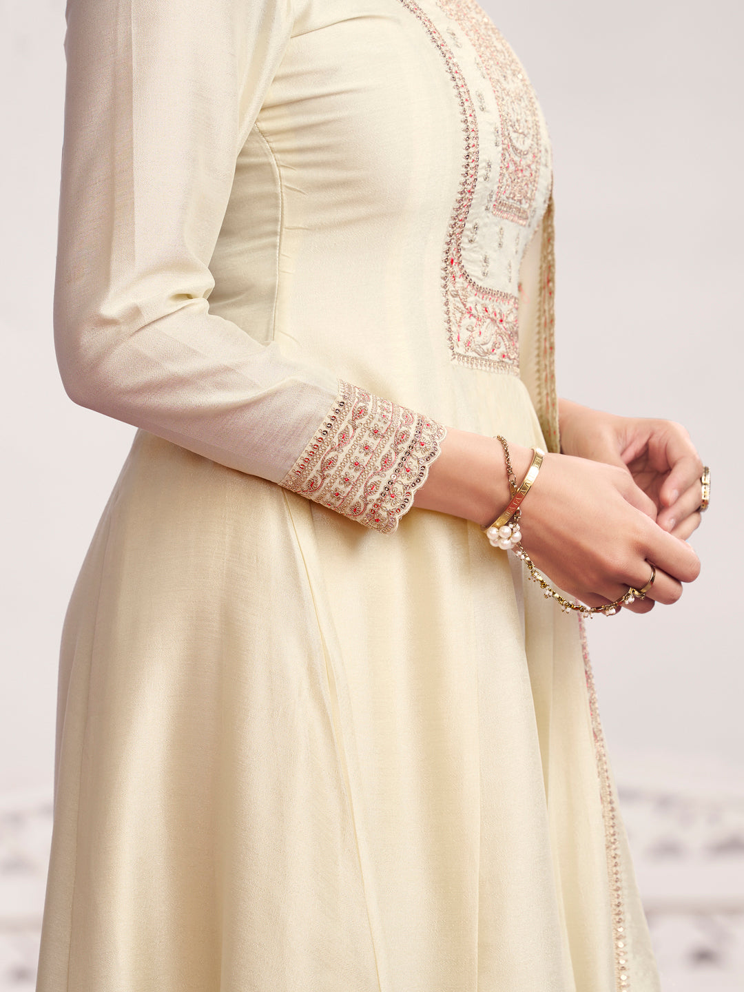 Off-White Embroidery A-Line Kurta With Dyed Trousers And Embroidery Dupatta