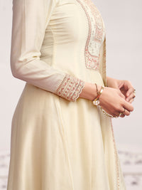 Off-White Embroidery A-Line Kurta With Dyed Trousers And Embroidery With Mina Dupatta
