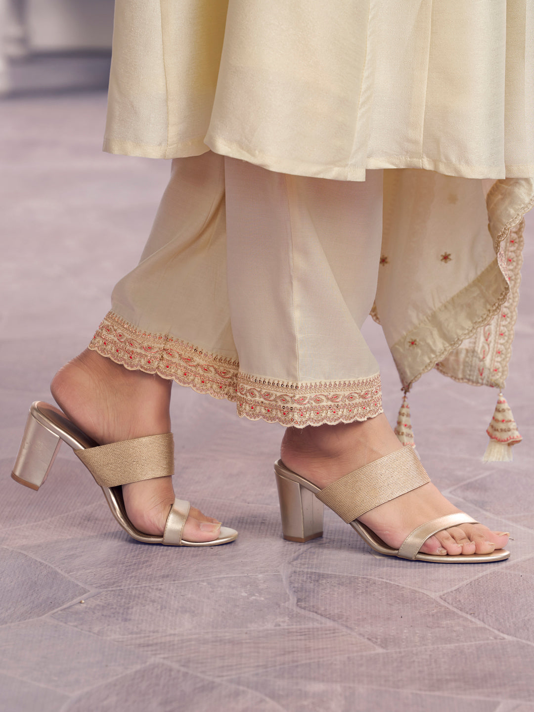 Off-White Embroidery A-Line Kurta With Dyed Trousers And Embroidery Dupatta