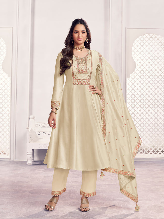 Off-White Embroidery A-Line Kurta With Dyed Trousers And Embroidery With Mina Dupatta