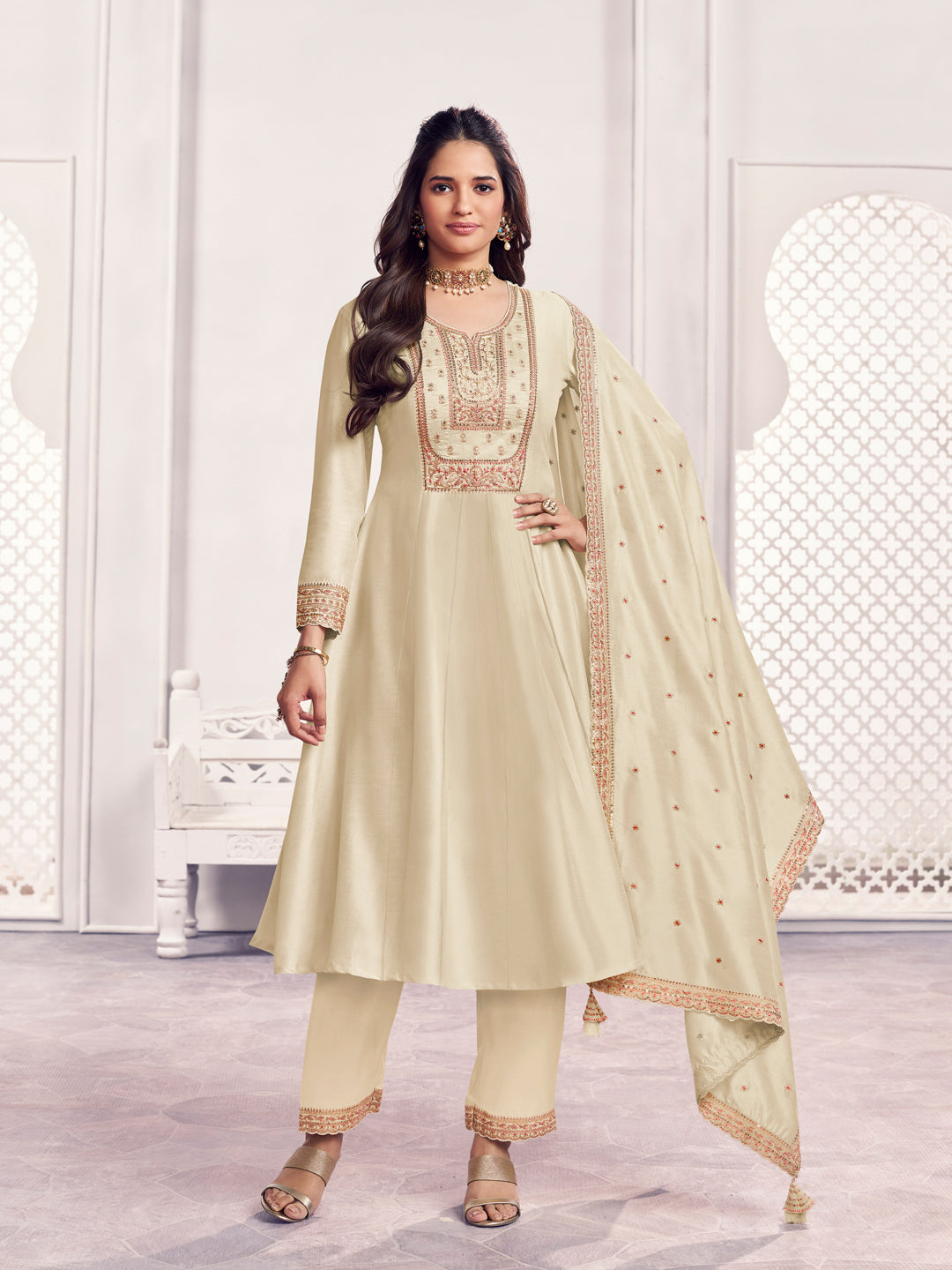 Off-White Embroidery A-Line Kurta With Dyed Trousers And Embroidery Dupatta