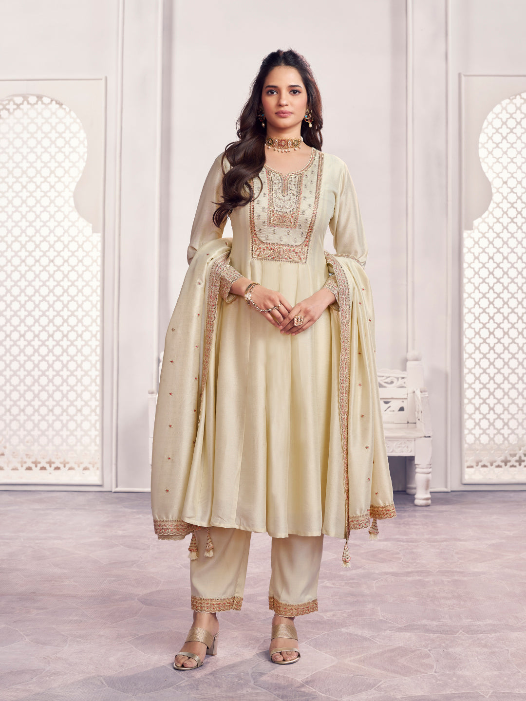 Off-White Embroidery A-Line Kurta With Dyed Trousers And Embroidery Dupatta