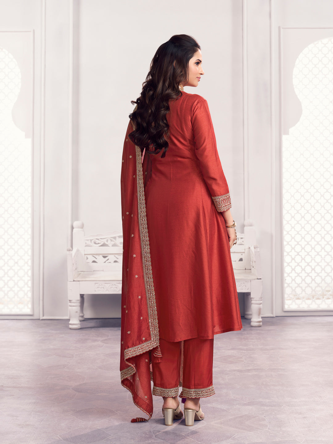 Rust Embroidery A-Line Kurta With Dyed Trousers And Embroidery Dupatta