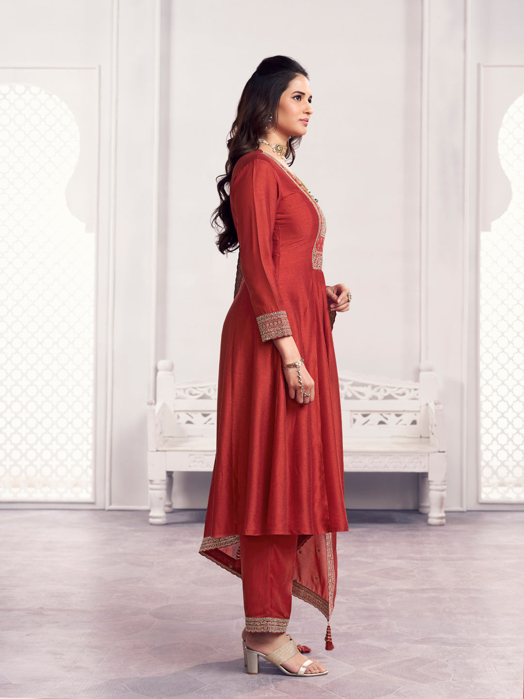 Rust Embroidery A-Line Kurta With Dyed Trousers And Embroidery Dupatta