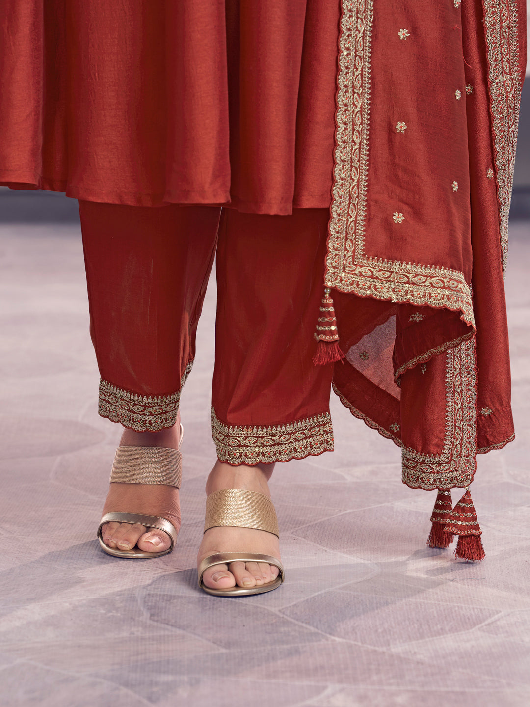 Rust Embroidery A-Line Kurta With Dyed Trousers And Embroidery Dupatta