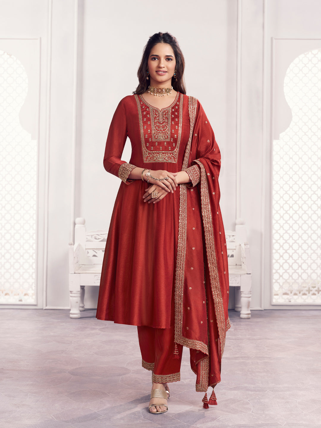 Rust Embroidery A-Line Kurta With Dyed Trousers And Embroidery Dupatta