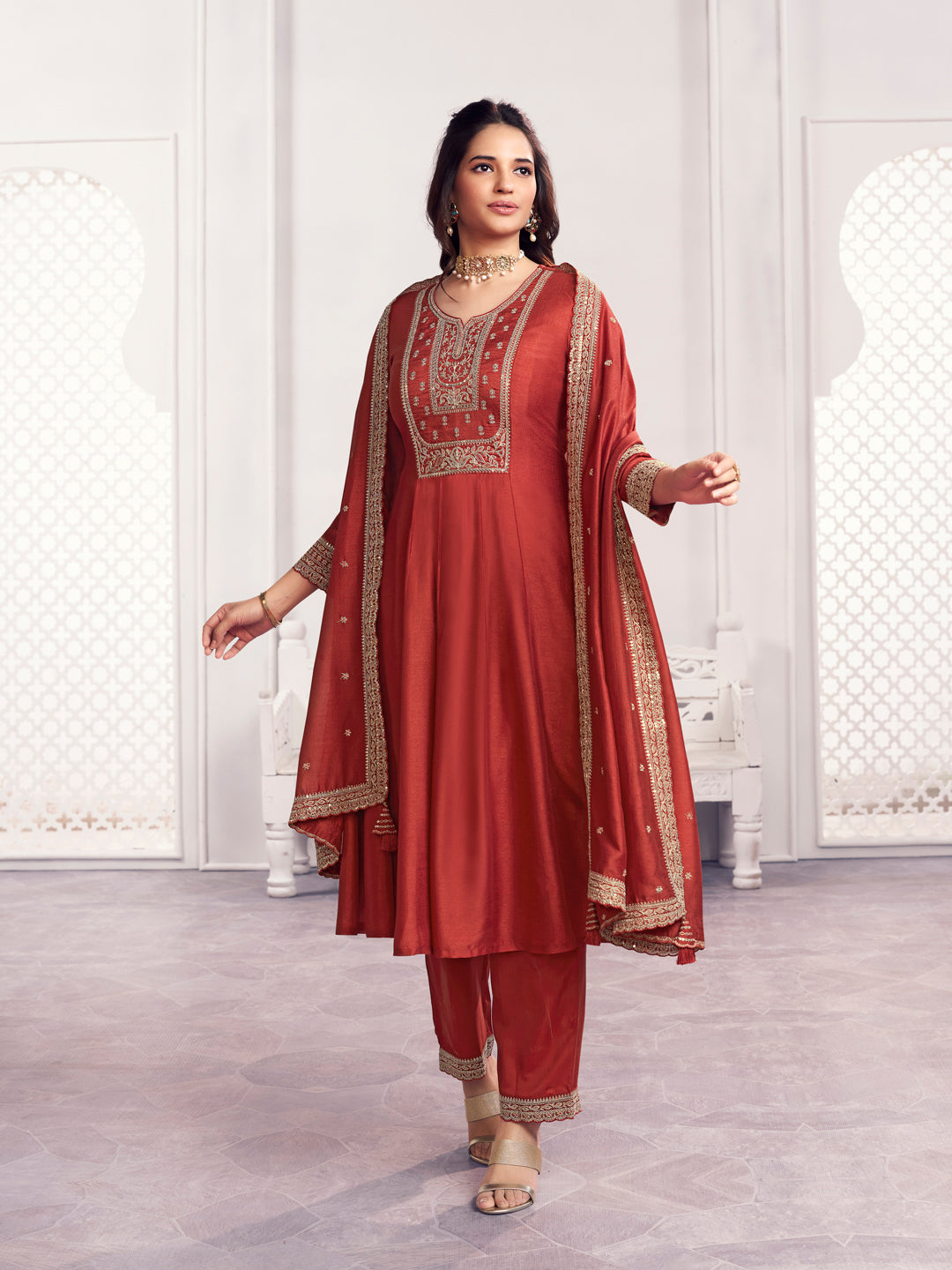Rust Embroidery A-Line Kurta With Dyed Trousers And Embroidery Dupatta