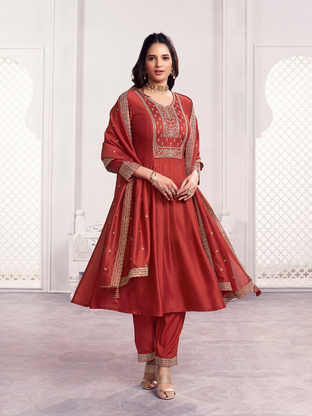 Rust Embroidery A-Line Kurta With Dyed Trousers And Embroidery Dupatta