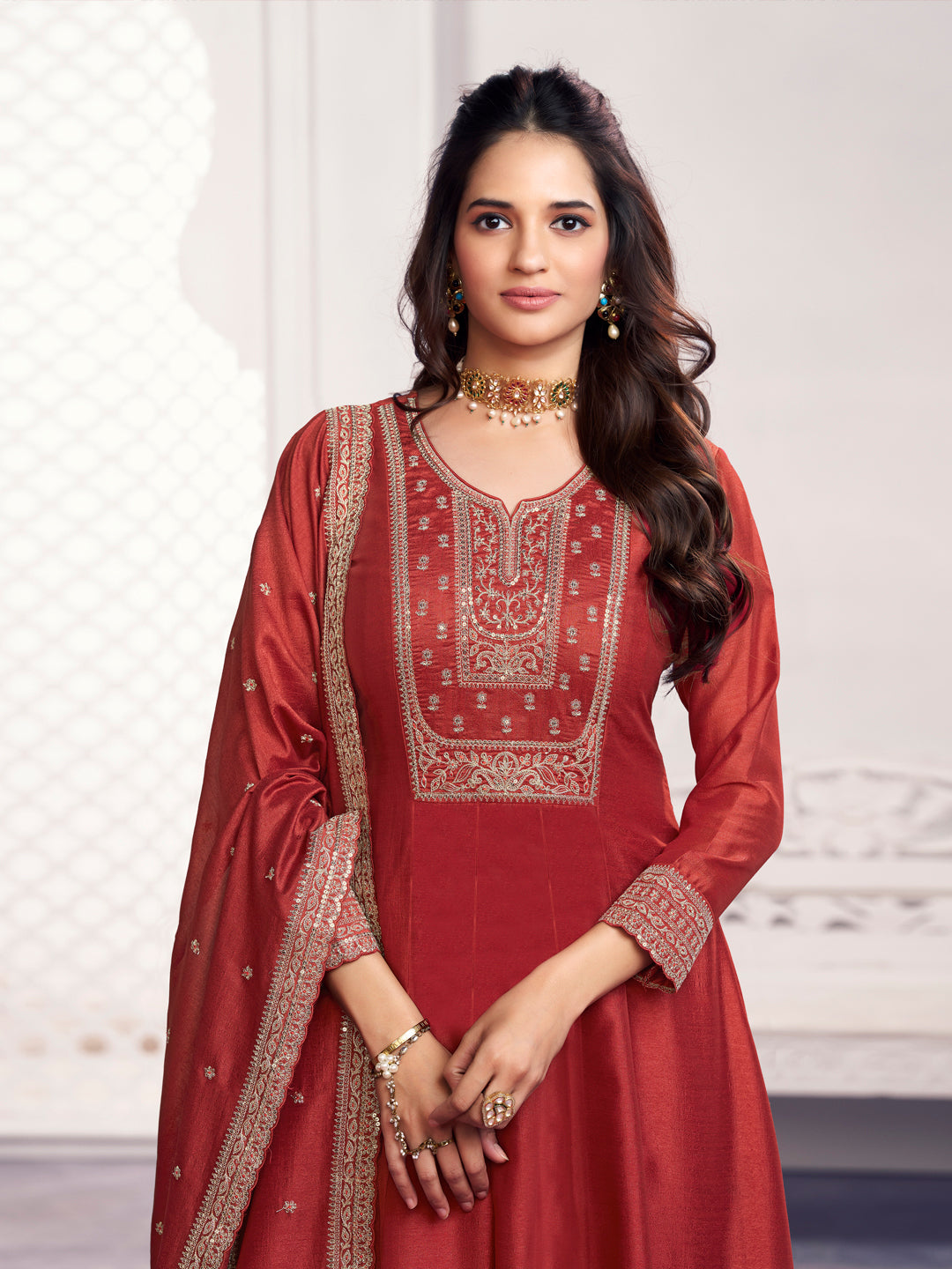 Rust Embroidery A-Line Kurta With Dyed Trousers And Embroidery Dupatta