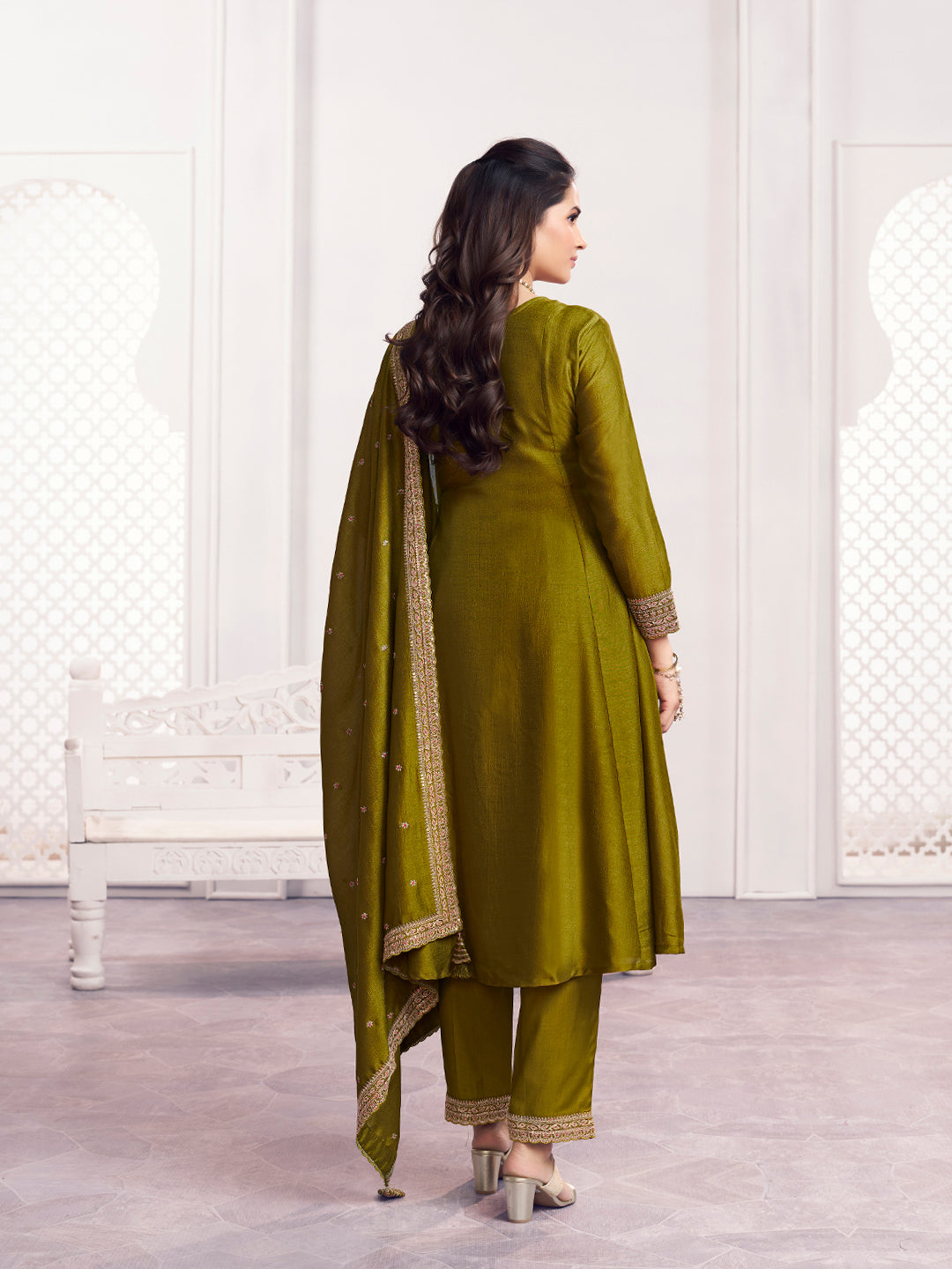 Olive Embroidery A-Line Kurta With Dyed Trousers And Embroidery Dupatta