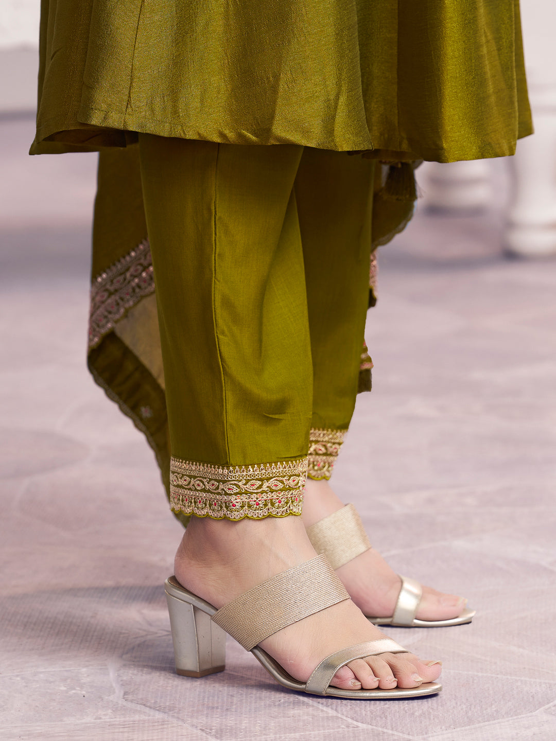 Olive Embroidery A-Line Kurta With Dyed Trousers And Embroidery Dupatta