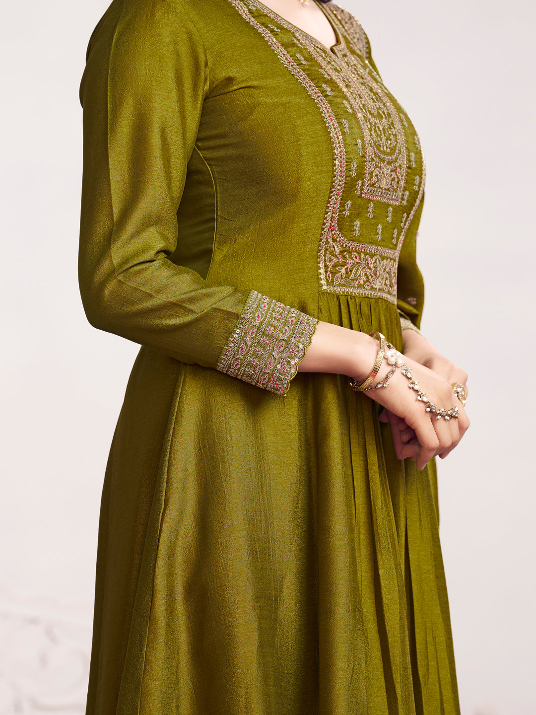 Olive Embroidery A-Line Kurta With Dyed Trousers And Embroidery Dupatta
