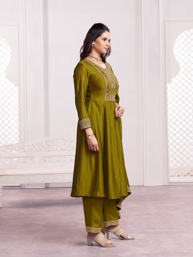 Olive Embroidery A-Line Kurta With Dyed Trousers And Embroidery Dupatta